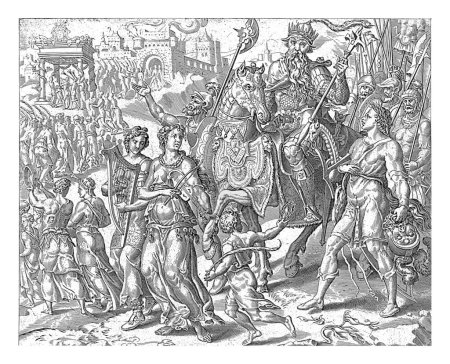 Téléchargez les photos : David triomphant avec la tête de Goliath, anonyme, d'après Maarten van Heemskerck, 1555-1633 David marche avec la tête de Goliath à côté de Saül dans la procession triomphale. - en image libre de droit