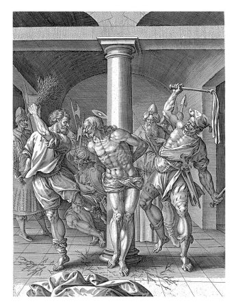 Foto de Flagelación de Cristo, Antonie Wierix (II), después de Maerten de Vos, 1586 - 1590 Cristo, atado a un pilar, es azotado por dos soldados. Pilatos observa desde el fondo. - Imagen libre de derechos