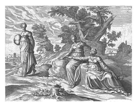 Foto de Orpa deja Rut y Noemí, Philips Galle, después de Adriaan de Weerdt, 1600 - 1652 Rut está de camino a Judá con sus dos nueras. En el camino, envía a las mujeres de vuelta a su casa paterna.. - Imagen libre de derechos
