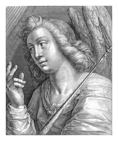 Foto de Anunciación (ángel Gabriel), Crispijn van de Passe (I), 1574 - 1637 El ángel Gabriel, sosteniendo un bastón, hace un gesto de discurso. En el margen una leyenda de seis líneas, en tres columnas, en latín. - Imagen libre de derechos
