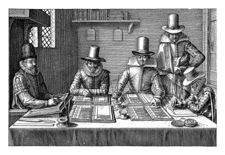 Photo for Bookkeepers at work, Pieter Serwouters, 1601 - 1657 Mathematics school in which bookkeeping is taught. Sitting at a table on the left, in a chair with a canopy, is the accountant. - Royalty Free Image