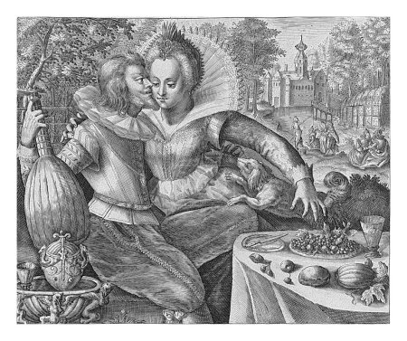 Foto de Noche: Pareja amorosa, Crispijn van de Passe (I) (atribuido a), después de Crispijn van de Passe (I), 1574 - 1637 La noche: cenador con una pareja elegantemente vestida abrazándose. - Imagen libre de derechos