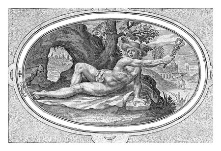 Merkur, Crispijn van de Passe (I), 1592 Landschaft mit Merkur und seinem Symbol, dem Hahn. Die Hähne ziehen normalerweise Merkurs Wagen. Merkur trägt seinen Flügelhelm, den Petasus.