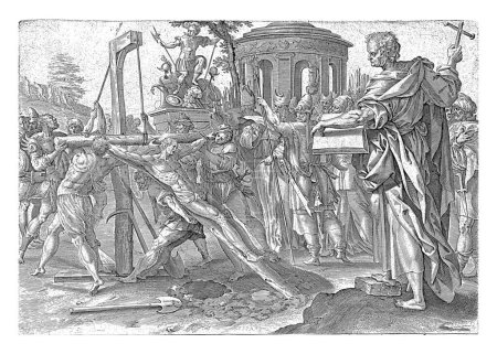 Téléchargez les photos : Martyre de Philippe, anonyme, d'après Maerten de Vos, 1646 Philippe est crucifié. A droite de la scène de son martyre, il est représenté à nouveau, tenant une croix dans une main et un livre dans l'autre. - en image libre de droit