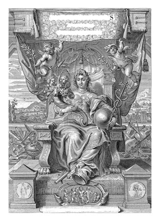 Téléchargez les photos : Tirage titre de la série Pacificatores, 1648, Pieter de Jode, d'après Abraham van Diepenbeeck, 1648 Personnification féminine de la paix, assis sur un trône. Dans ses mains, elle tient une corne d'abondance - en image libre de droit