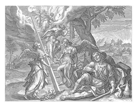 Téléchargez les photos : L'échelle de Jacob, Maerten de Vos, 1639 Jakob dort contre une pierre et rêve d'une échelle qui atteint le ciel, le long de laquelle les anges montent et descendent. Au sommet de l'échelle le tétragramme. - en image libre de droit