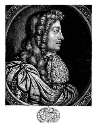Photo for Portrait of Charles Louis of the Palatinate, John of Somer, 1680 Charles Louis, Elector of the Pals, in profile. At the bottom in the margin are family coat of arms. - Royalty Free Image