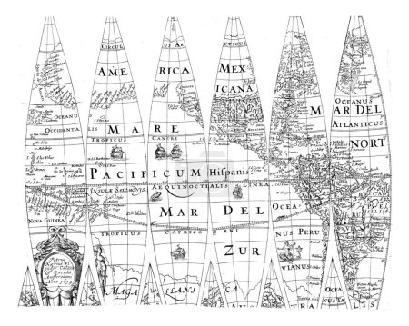 Téléchargez les photos : Segments de globe d'un morceau de l'hémisphère Nord, Pieter van der Keere, 1614 Segments de globe d'un morceau de l'hémisphère Nord avec l'océan au milieu et un cartouche. - en image libre de droit