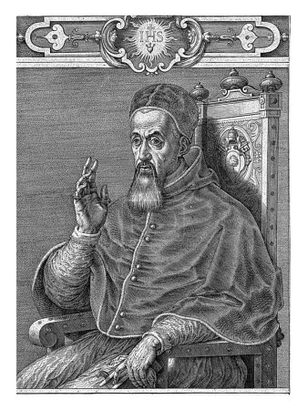 Photo for Portrait of Pope Innocent IX, Hieronymus Wierix, 1589 - 1593 He sits on his chair and makes a blessing gesture. - Royalty Free Image