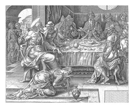 Foto de Cristo Ungido por María Magdalena, Harmen Jansz Muller, después de Maarten van Heemskerck, 1564 - 1568 Cristo está comiendo a la mesa en la casa de Simón el fariseo. - Imagen libre de derechos