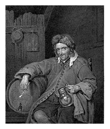Foto de Hombre con jarra y pipa en un barril, Philippus Velijn, después de Gabriel Metsu, 1832 Un hombre se sienta al lado de un barril de cerveza, una pipa en la mano derecha, una jarra de cerveza de peltre en la mano izquierda. - Imagen libre de derechos