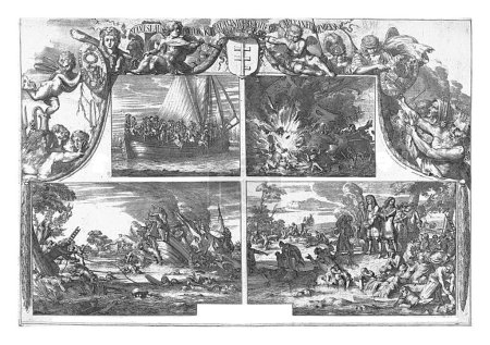 Téléchargez les photos : Accident du comte Stanislaw Potocki, 1678, Romeyn de Hooghe, 1678 Monument avec quatre scènes de l'accident qui a frappé le comte Stanislaw Potocki le 27 juillet 1678. - en image libre de droit