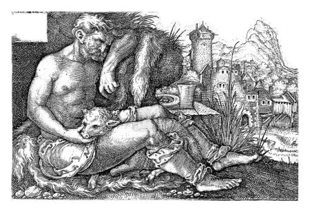 Téléchargez les photos : Berger avec un mouton, Hans Sebald Beham, 1525 Berger reposant sur une peau d'animal près des rochers avec un mouton couché entre ses jambes et la tête de l'animal reposant dans sa main. - en image libre de droit