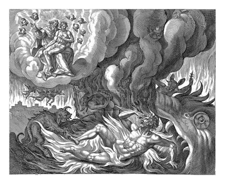 Téléchargez les photos : Lazare au ciel et l'homme riche en enfer, Crispijn van de Passe (I), d'après Maerten de Vos, 1589 - 1611 L'homme riche brûle en enfer et est menacé par les démons. - en image libre de droit