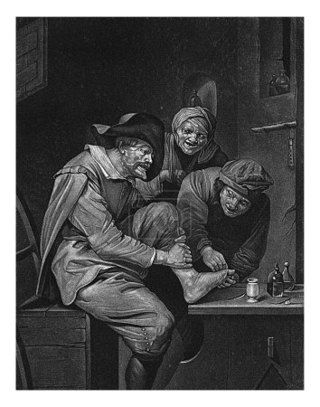 Téléchargez les photos : L'homme lie les orteils d'un homme, anonyme, 1680-1713 Un homme a les orteils liés. Il a mal au visage. Une femme sourit. - en image libre de droit