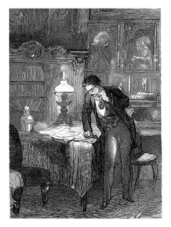 Foto de Hombre de pie en una mesa con papeles, Willem Steelink (I), después de Charles Rochussen, 1836 - 1913 Interior con un hombre de pie junto a una mesa llena de papeles - Imagen libre de derechos
