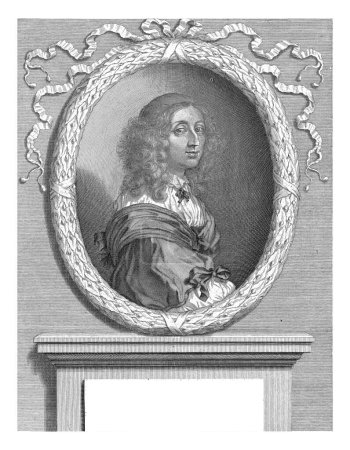 Téléchargez les photos : Portrait de Christina, reine de Suède, Robert Nanteuil, d'après Sébastien Bourdon, 1654 Portrait de Christina de Suède entouré d'une couronne de laurier sur un piédestal. - en image libre de droit