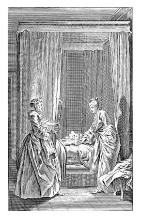 Téléchargez les photos : Debora Wilkins découvre un bébé, Jan Punt, d'après Hubert Francois Gravelot, 1749 Dans une chambre, Debora Wilkins trouve un bébé dans son lit. - en image libre de droit