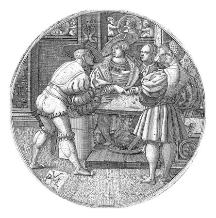 Téléchargez les photos : Jeu de dés, Monogrammiste PVL (XVIe siècle), 1520 - 1530 Représentation circulaire avec des personnes autour d'une table à deux dés. - en image libre de droit