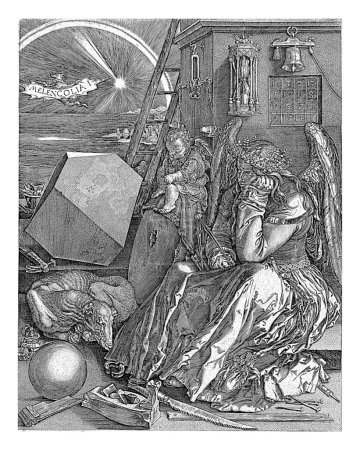 Téléchargez les photos : Mélancolie, Johannes Wierix, d'après Albrecht Durer, 1602 Le tempérament mélancolique sous la forme d'une femme ailée qui regarde vers l'avant, la mâchoire appuyée sur sa main gauche. - en image libre de droit