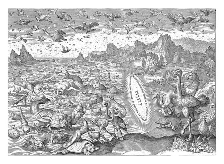 Téléchargez les photos : Création d'oiseaux et de créatures marines, Johann Sadeler (I), d'après Maerten de Vos, 1639 Au premier plan Dieu le Père sous forme de tétragramme. - en image libre de droit
