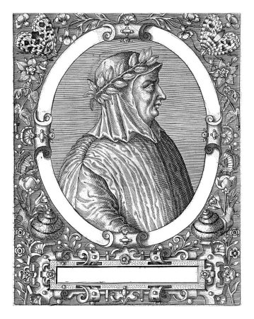 Photo for Portrait of Francesco Petrarca, Theodor de Bry, after Jean Jacques Boissard, c. 1597 - c. 1599 Portrait of the Italian poet Francesco Petrarca, in oval with edge lettering. - Royalty Free Image