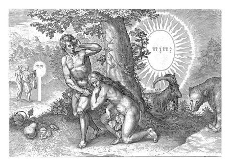 Caída, Johann Sadeler (I), después de Crispijn van de Passe (I), 1639 Adán y Eva se avergüenzan de su desnudez después de comer la manzana. Ante el Árbol del Conocimiento se cubren de hojas.