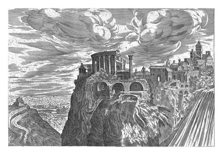 Téléchargez les photos : Vue des cascades de Tivoli, Hendrick van Cleve, 1585 Vue des cascades de Tivoli et des ruines antiques de la ville. - en image libre de droit