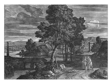 Photo for Landscape with a walking couple, Gerard Hoet (I), 1664 - 1709 Arcadian landscape with a walking couple in the foreground and on the left a bridge on which a shepherd with sheep. - Royalty Free Image