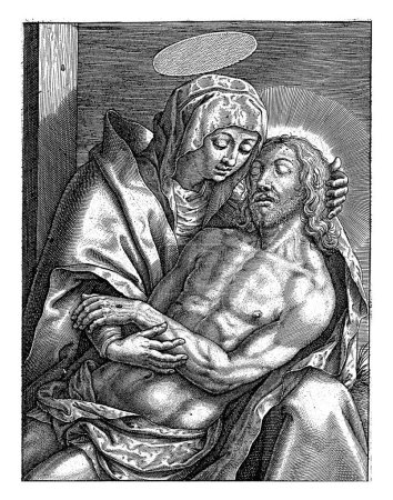 Téléchargez les photos : Pieta, Hieronymus Wierix, 1563 - avant 1619 Le corps du Christ repose sur les genoux de Marie, qui pleure son fils. En marge une citation biblique de Hoogl. - en image libre de droit