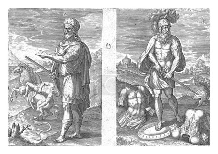 Téléchargez les photos : Ancêtres Dan et Gad, Johann Sadeler (I), après Crispijn van den Broeck, 1639 À gauche l'ancêtre Dan, le cinquième fils de Jakob. Il a le personnel des juges dans sa main. - en image libre de droit