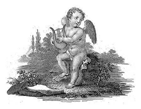 Foto de Ángel tocando una lira en un paisaje, Philippus Velijn, 1830 Un ángel tocando una lira en un paisaje. Libros y un rollo de papel en el suelo frente a él. - Imagen libre de derechos