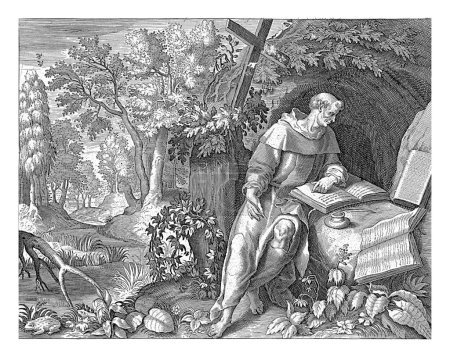 Téléchargez les photos : Saint Augustin, Jan van Londerseel, d'après Maerten de Vos, 1601 - 1652 Saint Augustin, ermite retiré dans les bois. Il est assis devant une grotte et écrit dans un livre. - en image libre de droit