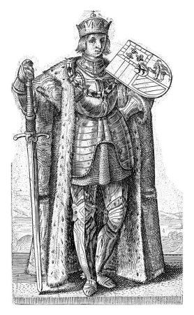 Foto de Retrato de Felipe el Hermoso, Duque de Borgoña, Adriaen Matham, 1620 Retrato de Felipe el Hermoso, Duque de Borgoña, de pie en armadura con un escudo de armas en el hombro y una espada en la mano. - Imagen libre de derechos
