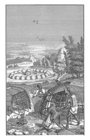 Téléchargez les photos : Khoi construisant une cabane, Jan Caspar Philips, 1727 Paysage avec Khoi construisant une cabane ovale avec des bâtons, des nattes et des peaux. En arrière-plan un village, qui est construit en cercle. - en image libre de droit