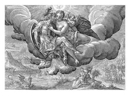 Photo for South Wind, Crispijn van de Passe (I), 1589 - 1611 Cloud cover with Mars and Venus as a loving couple, personifying the South Wind (Auster). Venus is accompanied by Amor. - Royalty Free Image