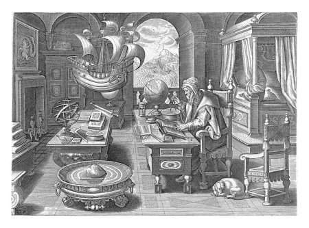 Téléchargez les photos : Invention de la boussole, Jan Collaert (II) (attribué à), d'après Jan van der Straet, c. 1589 - c. 1593 Le mathématicien Flavio Goija, selon la légende l'inventeur de la boussole. - en image libre de droit
