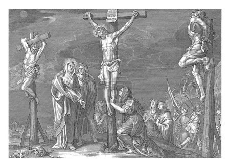 Téléchargez les photos : Christ sur la Croix, anonyme, d'après Paulus Pontius, d'après Abraham van Diepenbeeck, 1630 - 1702 Christ sur la croix entre les deux criminels crucifiés. - en image libre de droit