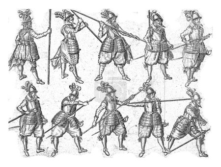 Téléchargez les photos : Porteur de lance dans dix positions différentes, anonyme, d'après Jacob de Gheyn (II), après 1607 Dix soldats avec une lance ; ensemble, ils forment une instruction visuelle pour manipuler une brochette. - en image libre de droit