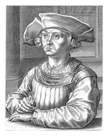 Téléchargez les photos : Portrait de Bernard van Orley, Hendrick Hondius (I), 1610 Portrait à gauche de Bernard van Orley. En dessous du portrait se trouvent le nom et huit lignes en latin. - en image libre de droit