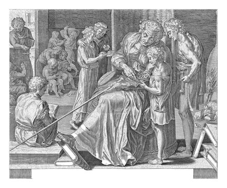 Téléchargez les photos : Grammaire (art de la parole), Cornelis Cort, d'après Frans Floris (I), vers 1633 - vers 1676 Grammaire siège comme professeur âgé parmi ses élèves. Il y a des élèves de différents âges dans la classe. - en image libre de droit