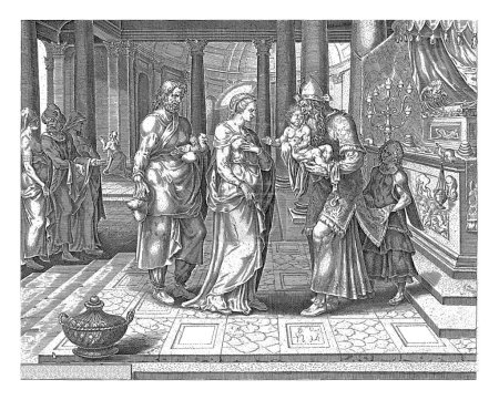 Foto de Presentación de Cristo en el Templo, Harmen Jansz Muller, después de Maarten van Heemskerck, 1564 - 1568 José, con dos palomas en el brazo, y María, presentan a Cristo en el templo. - Imagen libre de derechos