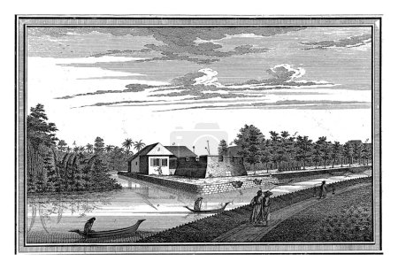 Foto de Vista de la fortaleza Anjol, Jacob van der Schley, 1747 - 1779 Vista sobre un canal en canoa en la fortaleza de Anjol. Junto al canal un camino rural donde caminan tres personas. - Imagen libre de derechos