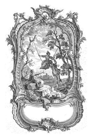 Téléchargez les photos : Rocking Woman, Carl Albert von Lespilliez, d'après François de Cuvillies (Sr.), 1745 Une femme sur une balançoire est poussée par l'homme derrière elle, deux femmes au premier plan regardent. - en image libre de droit