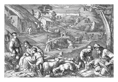 Foto de Zomer, Jan van Ossenbeeck, en o después de 1660 Un pastor corta sus ovejas. Un niño pequeño le ayuda y recoge la lana en una bañera. A la izquierda una familia campesina descansando y comiendo en el campo. - Imagen libre de derechos