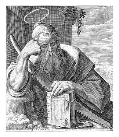 Apôtre Simon, Crispijn van de Passe (I), d'après Joos van Winghe, 1594 Buste de l'apôtre Simon, les yeux baissés, la main gauche sur un livre et devant lui une scie. En marge une légende en latin.