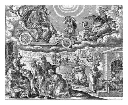 Foto de El planeta Saturno y sus hijos, Harmen Jansz Muller, después de Maarten van Heemskerck, 1638 - 1646 Saturno cabalga en su carro en el cielo, dibujado por dos dragones. - Imagen libre de derechos