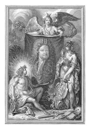 Foto de Retrato de un busto de un hombre rodeado de figuras alegóricas, Simon Fokke, 1746 Representación alegórica en la que un busto de retrato sobre lienzo es sostenido por una mujer alada. - Imagen libre de derechos