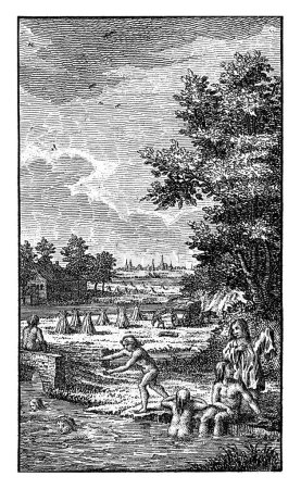 Téléchargez les photos : Août : récolte de foin, Jan Caspar Philips, 1736 - 1775 Le mois d'août : les enfants nagent dans une rivière. Il y a des balles de foin sur la rive. - en image libre de droit