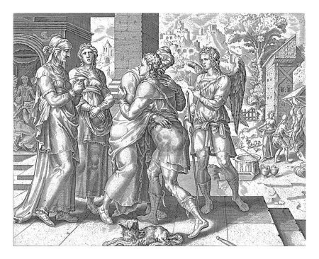 Foto de Raguel da la bienvenida a Tobías, anónimo, después de Maarten van Heemskerck, 1556 - 1633 Tobías y el arcángel Rafael han llegado a la casa de Raguel. - Imagen libre de derechos
